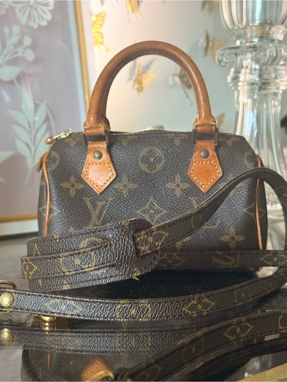 LOUIS VUITTON Monogram Mini Speedy Nano Hand Shoulder Bag Auth Crossbody Strap